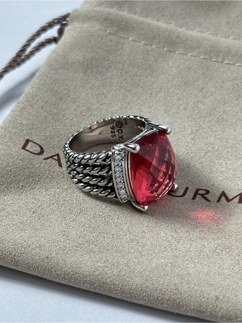 David Yurman Sterling Silver Ring with Pink Tourmaline & Pave Size 7